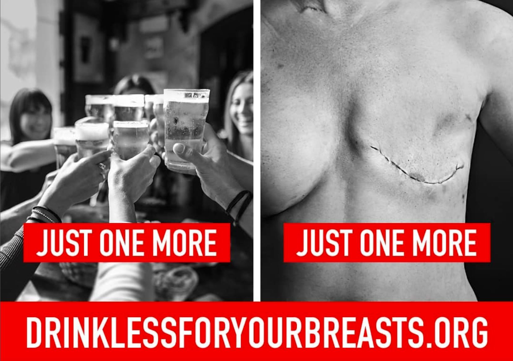 Split image with women drinking on one side and a mastectomy on the other