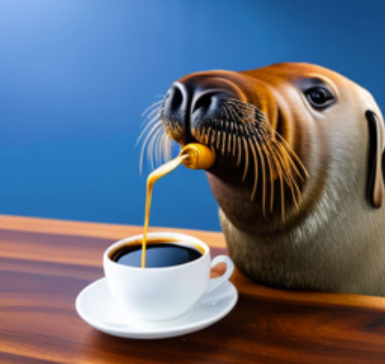 A walrus drinking a cup of coffee