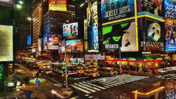 Nighttime in NY Times Square with billboards